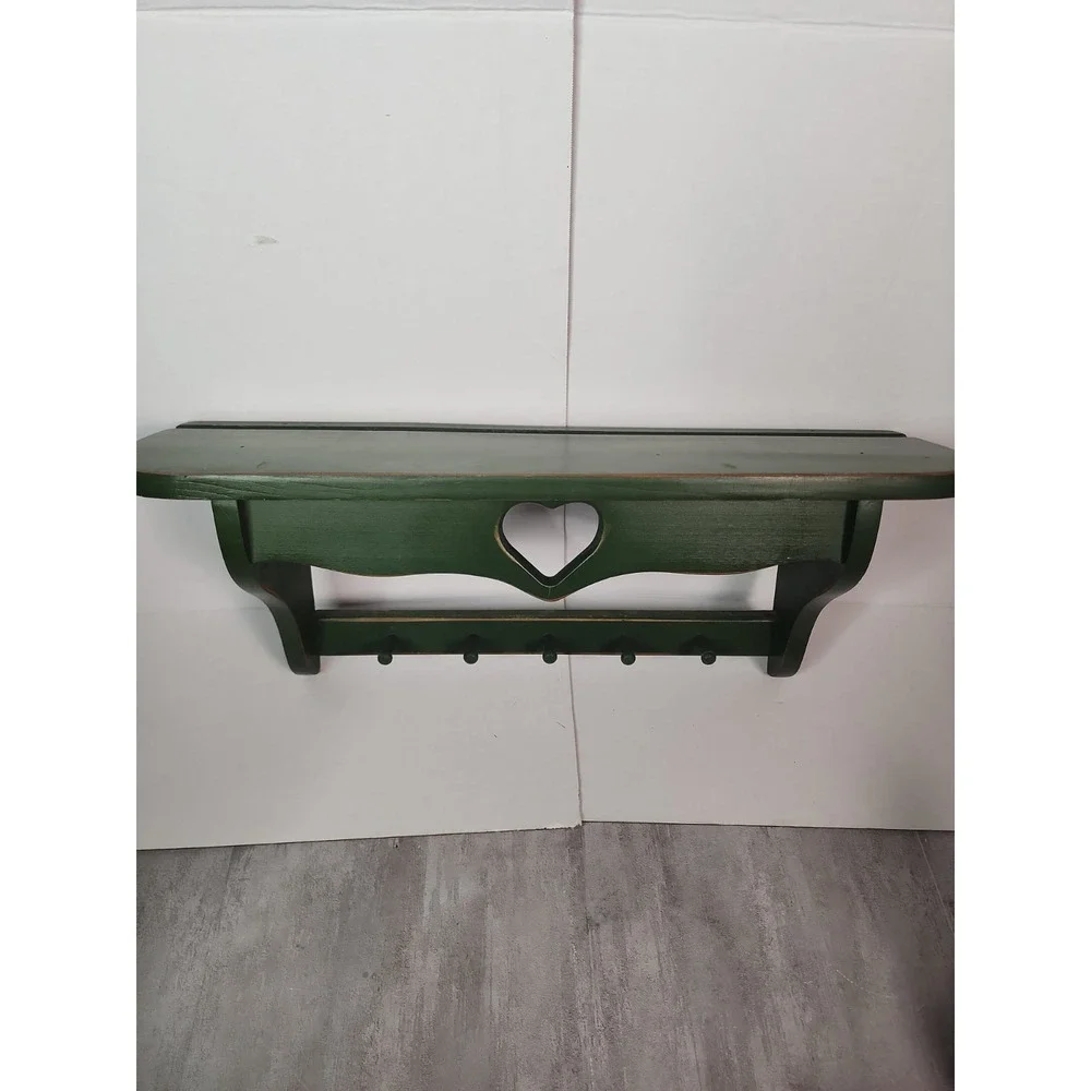 Vintage Green Wood Heart Shelf Five Hooks Cottage Country Distressed 23